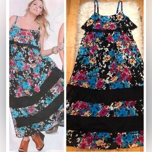 Torrid Lace Floral Ruffled Tiered Spaghetti Strap Blue Pink Maxi Dress size 1X